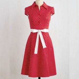 Modcloth Red Polka Dot Ribbon Tie Belt Dress